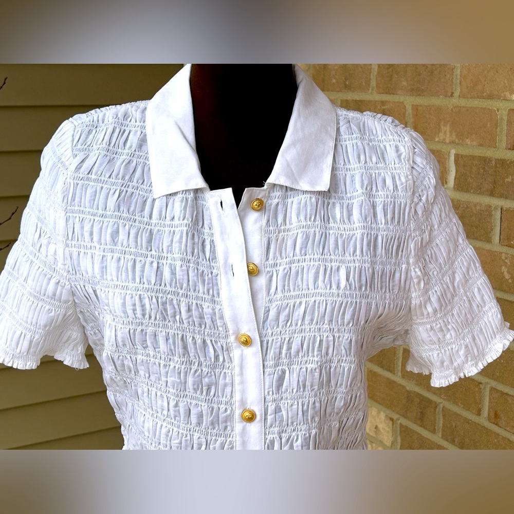 NWOT J CREW sM bright white top-Johnny Collar-elastic smocking-gold tone buttons